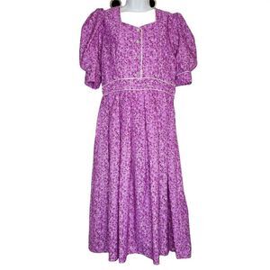 OOAK Vintage Cottagecore Pinup Dress Sz M Purple Floral Pleat Skirt Puff Sleeves